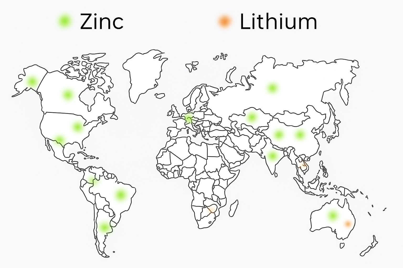 A world map from CTRL+Z comparing where zinc and lithium are found, with zinc spread across far more places.