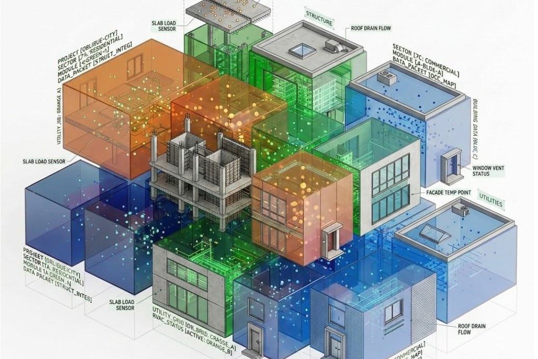 An exploded diagram of a building split into coloured blocks, each labelled with data such as structure, utilities and window status.