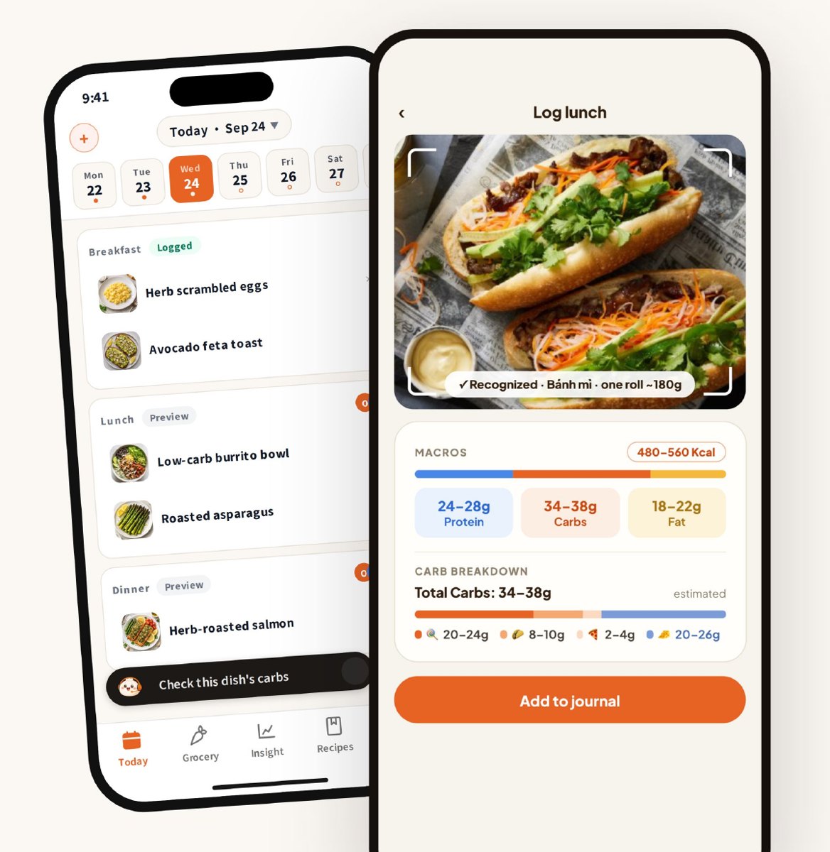 Two phone screens from the CosMeal app: a day's meal plan and a bánh mì logged from a photo with its carbs split by speed.